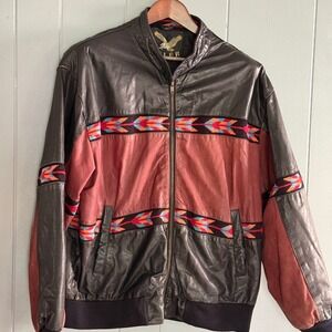 Vtg 90s Adler Leather Jacket Southwestern Aztec Bomber L Indie Sleaze Festival